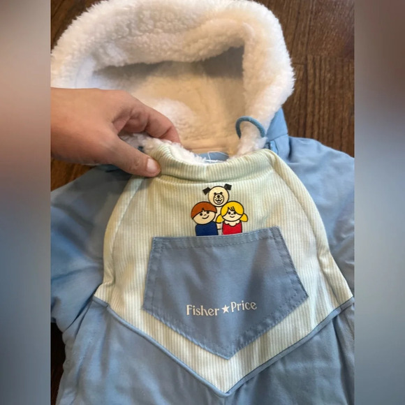 FISHER PRICE Baby Boy Snow Suit SZ 12M VTG 1985 USA Blue Ticking Stripe Ruffles - Picture 5 of 12